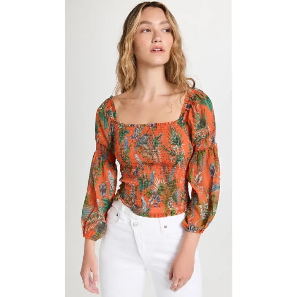 L'AGENCE Cece Smocked Top In Orange Multi Parrot